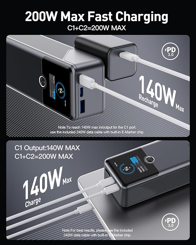 SIXTHGU Laptop Power Bank, 3-Port 20,000mAh Portable Charger with 200W Max Output, PD 3.1 Fast Charging, Flight-Approved for Travel, PowerTower, for MacBook, iPhone 17/16 Series, and More(Grey)
