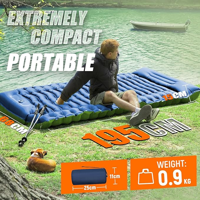 FUN PAC Camping Sleeping Pad,with Foot Pump and Pillow – Ultralight Compact Sleeping Mat for Backpacking, Hiking, Tent – Portable Single Inflatable Mattress for Outdoor