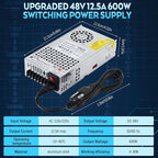 New Version 48V DC Power Supply, 600W 12.5A Switching Power Supply, Upgraded Input Port and Safety Switch AC 110v to DC 48v Converter for RV, Motor Pump, CCTV, 3D Printer, with Power Cord