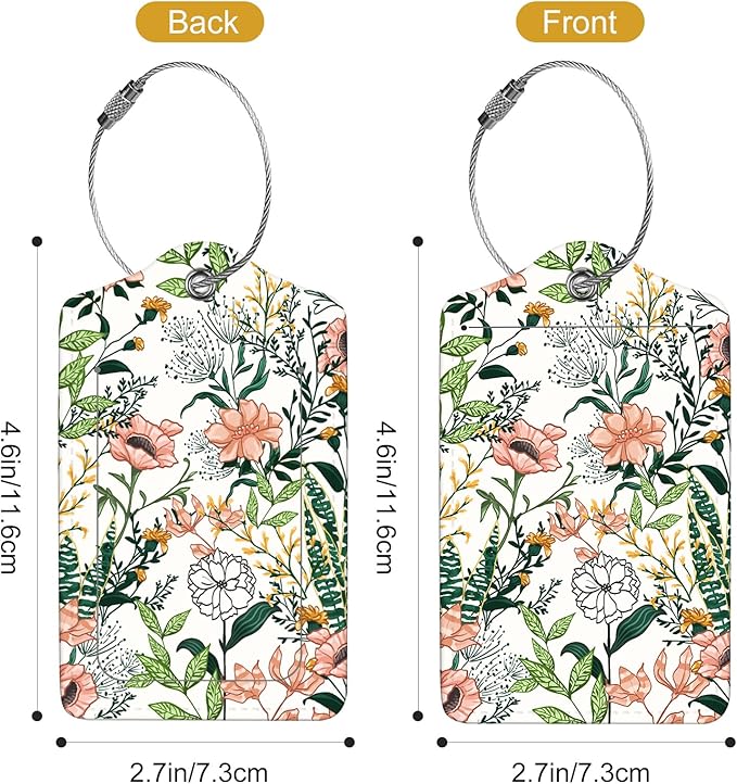 2Pack Luggage Tags for Suitcases, Cute Unique Pu Leather Cruise Luggage Tag with Privacy Cover ID Label Address Card and Metal Ring Suitable for Women Men Kids Travel Bag Green leaves, pink flowers