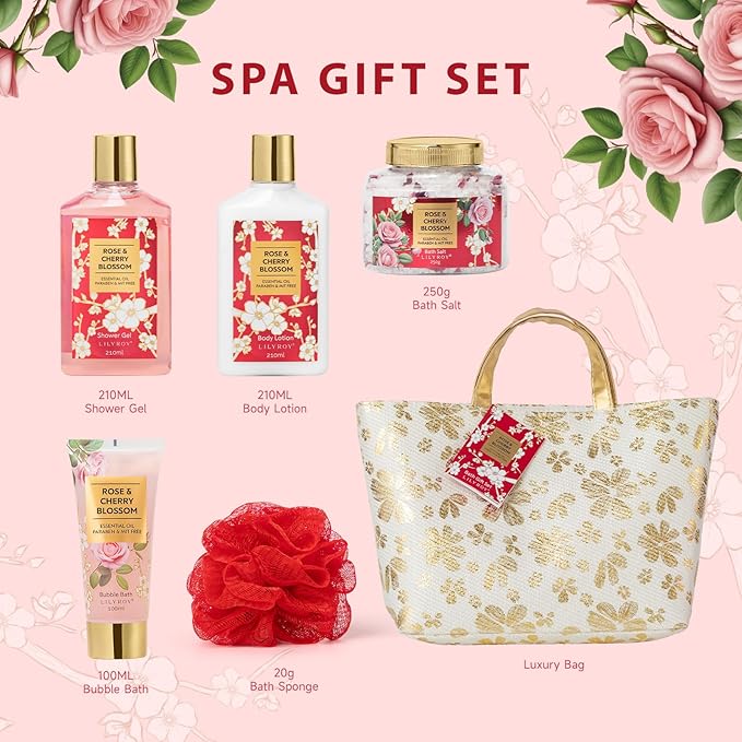 Gifts for Women, Mothers Day Gifts for Mom - 6Pcs Rose Bath and Body Gift Set Spa Gift Sets for Women Gift for Sisters with Travel Bag | Perfect Christmas, Birthday, Valentines Day Gift for Her