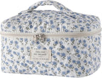 uekeboag Large Travel Quilted Makeup Bag for Women, Floral Cotton Cosmetic Bag, Coquette Aesthetic Floral Toiletry Organizer Bag