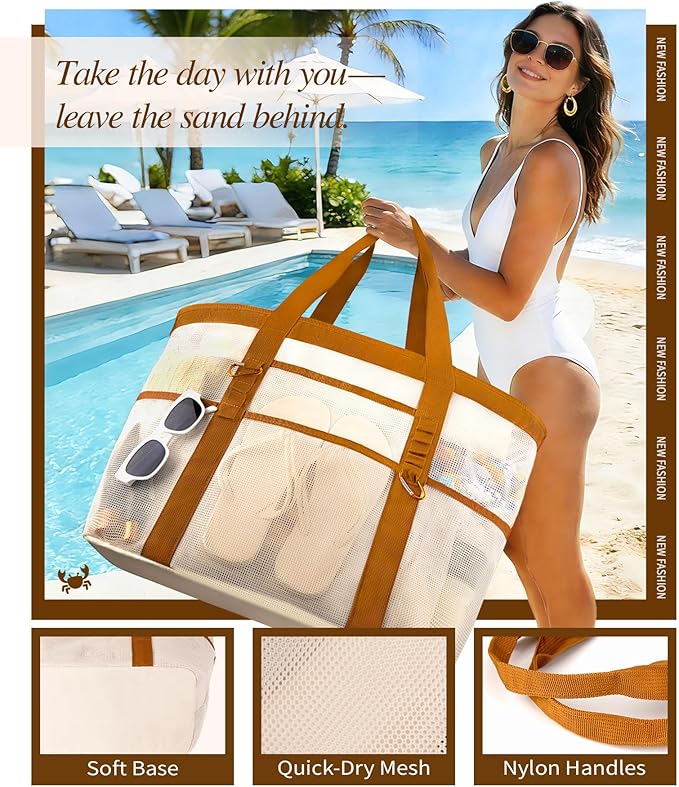 2026 Stylish & Spacious XX-Large Beach Bag for Women – Mesh × Canvas Tote with Top Zipper, 11 Tall Pockets | 40L+ Spacious, 11 Tall Pockets, Zipper Pouch, Secure Zip-Top, Sand-Resistant Base