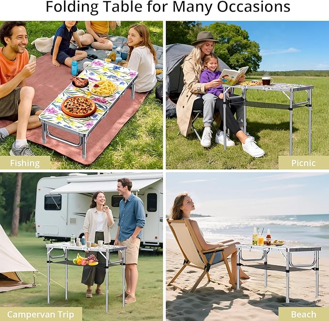 Anbte 3ft Folding Camping Table with Storage Net & Bag, 3 Adjustable Height Max 27.5" Outdoor Folding Table Lightweight, Portable Handle for Outdoor Indoor Camping Beach RV Picnic, Blooming Floral