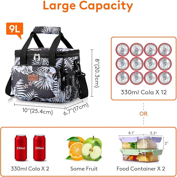 Lifewit Medium Lunch Bag, Insulated Lunch Box, Soft Cooler Cooling Tote for Adult Men Women, Flower 12-Can (9L)