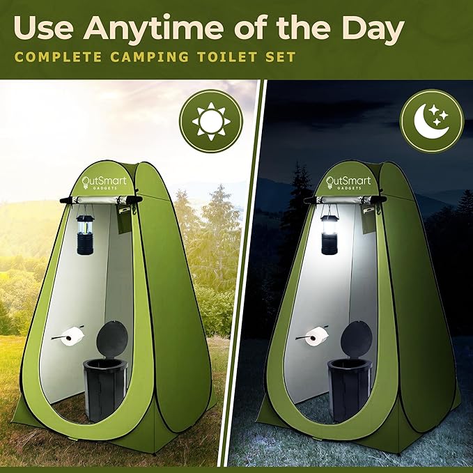 Outsmart Gadgets Outdoor Portable Toilet Set for Adults with Camping Night Lantern, Folding XL Toilet, Pop Up Privacy Tent and Carry Bags, Multipurpose Potty, Washable and Foldable for RV Travel