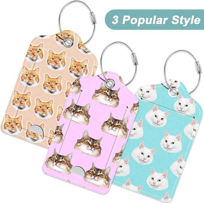 Rimilak 3 Pcs PU Leather Luggage Tags for Suitcase, Travel Cruise Luggage Tag with Privacy Flap, Name ID Label and Metal Loop for Women Men Baggage Handbag School Bag Backpack, Cute Cat