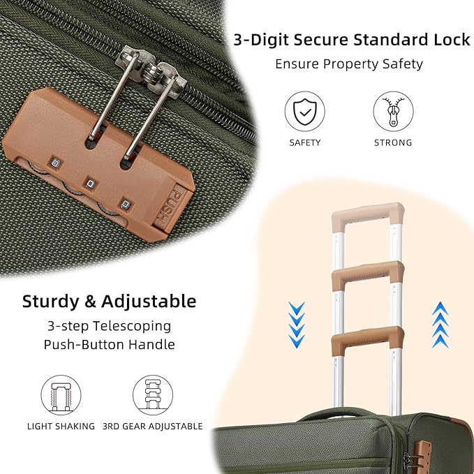 Softsied Suitcases 4 Piece Luggage, Polyester with Spinner Wheels and Lock, Suitable for Carrying Around and for Travel, Unisex, Army Green