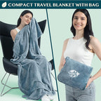 PAVILIA Travel Blanket and Pillow, Arms Opening Airplane Blankets for Adults, Compact Plane Blanket with Arm Hole 2-in-1 Bag for Flight Car Camping Fit in Luggage Backpack Traveler Gift, Blue