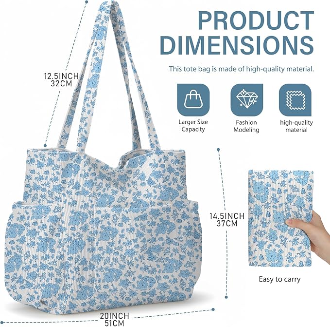 Corduroy Tote Bag for Women,Large Capacity Cute Tote Bags With 6 Pockets,Crossbody Shoulder Handbag for Work Travel Gym