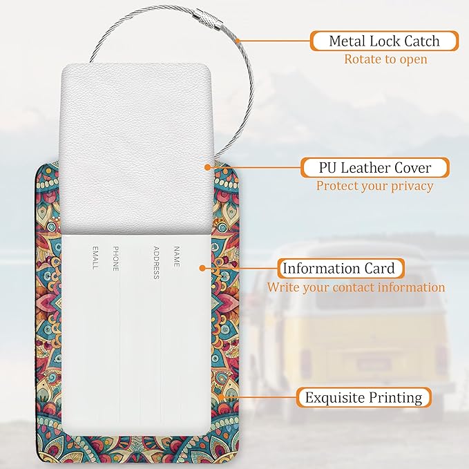 Abstract Mandala Flower Luggage Tags for Suitcase 3 Pack, Leather Bag Tags Identifiers with Privacy Name Address Labels and Durable Steel Loop for Men Women Backpack