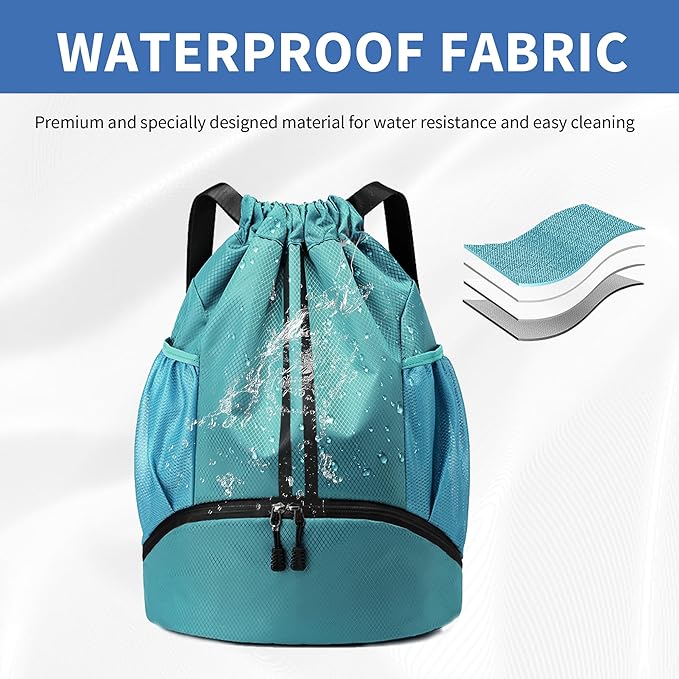 JELUTAR Drawstring Backpack Gym Bag with Shoes Compartment for Soccer, Basketball, Swim, Water-Resistant String Backpack Beach Cinch for Women Men, Teal