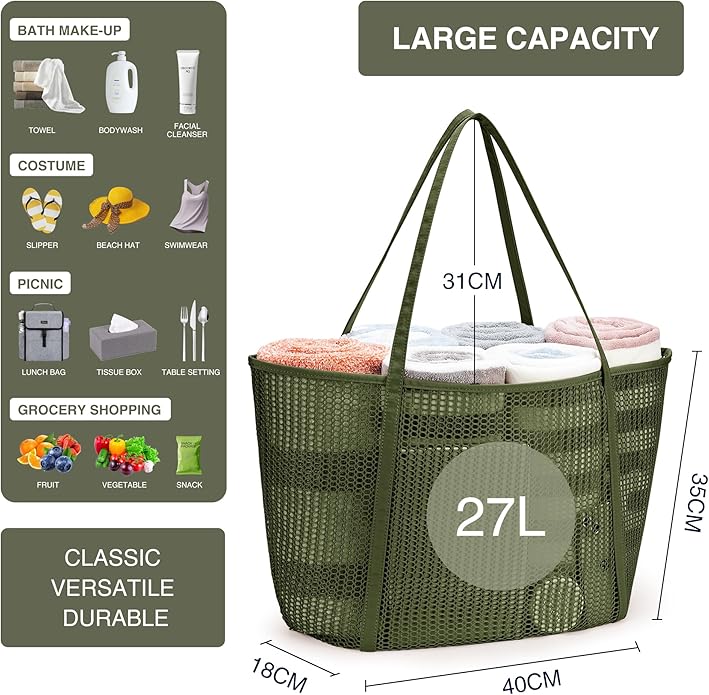 KALIDI Upgrade Version Beach Mesh Tote Bag MAX 27L Large capacity,Shoulder Bag Nylon Hobo Women Casual Foldable Beach Picnic