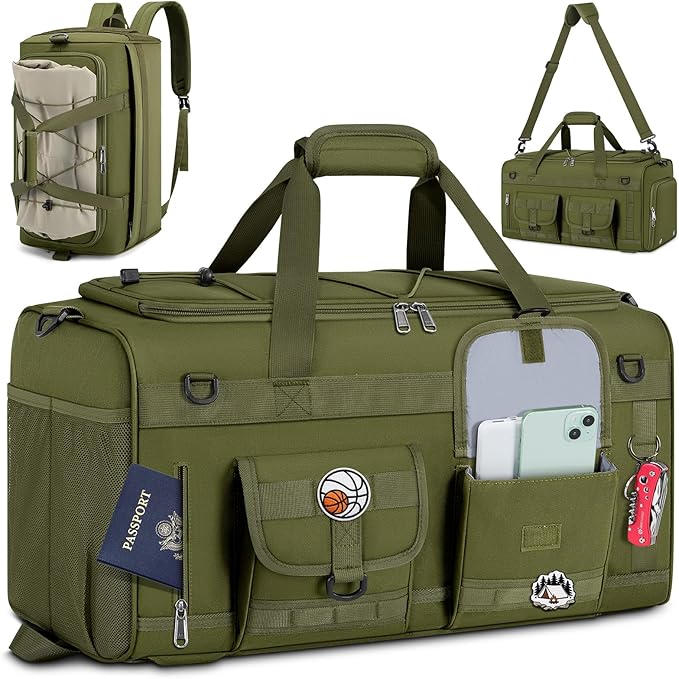 RAINSMORE 3 in 1 Gym Bag for Men, 45L Large Sports Duffle Bag with Shoe Compartment and Wet Pocket, Water-Resistant Tactical Backpack Carry On for Travel, Workout & Military Gear, Green