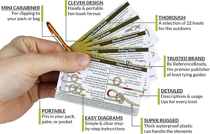 ReferenceReady Outdoor Knots Pocket Guide - Waterproof Knot Tying Cards with Mini Carabiner, 22 Rope Knots for Camping, Backpacking, Scouting and Wilderness Survival