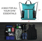 BeeGreen Teal String Backpack Bag Cinch Sack with Shoe Compartment and Two Zipper Pockets and Two Side Mesh Pockets Lightweight Large Drawstring Gym Sackpack for Men and Women