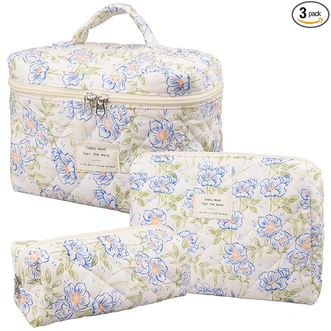 Makeup Bag,Quilted Cosmetic Bags,Large Floral Make Up Organize bag,Makeup Bag Set for Women,Flower Travel Toiletry Bag