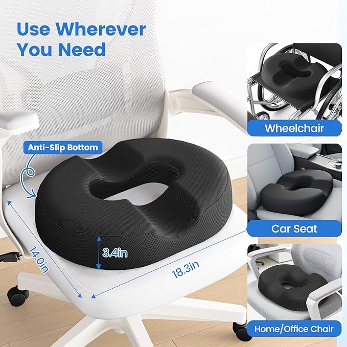 Donut Pillow for Tailbone Pain, Hemorrhoids - Cooling Gel Memory Foam Chair Seat Cushion for Office, Home & Wheelchair, Ergonomic Chair Pad for Pregnancy, Sciatica, Coccyx (XL, Black)