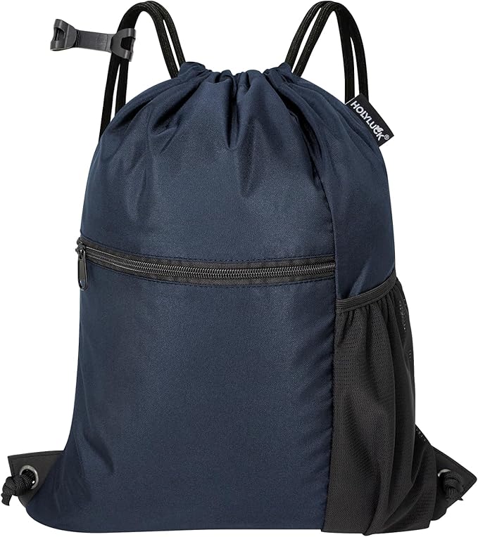 HOLYLUCK Men & Women Outdoor Sport Gym Sack Waterproof Drawstring Backpack Bag (Standard with drawstring, Navy Blue)