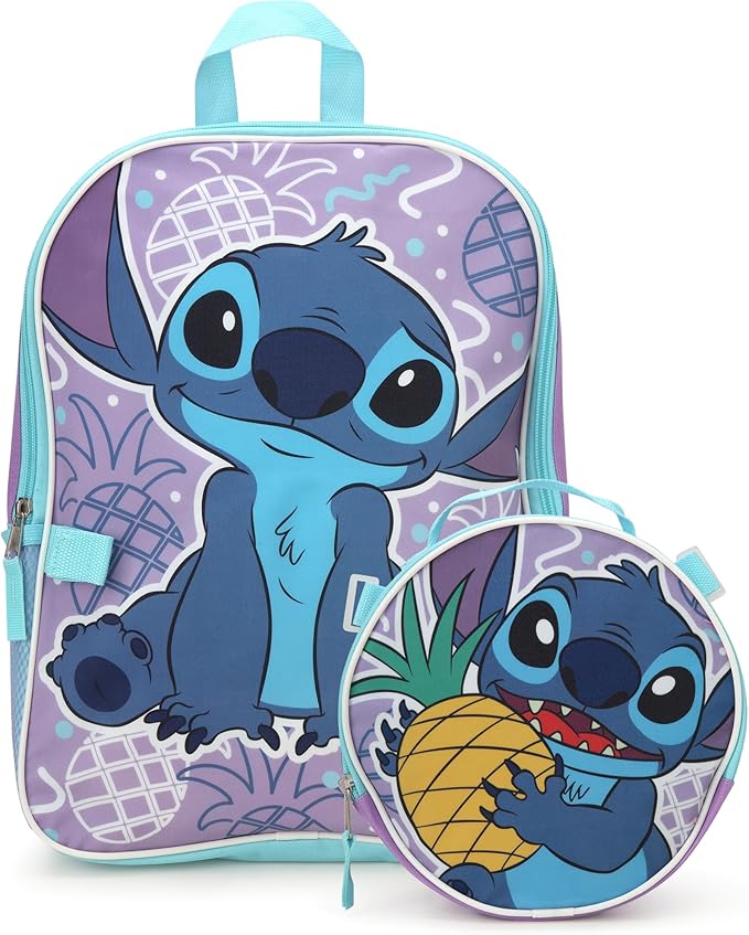 Fast Forward Stitch Kids Backpack and Lunch Box Set - 2 Piece 15 Inch School Backpack With Detachable Lunch Bag Set, Stitch Purple Pineapple