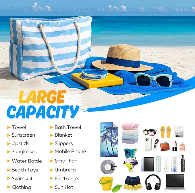SRISE Large Beach Bag for Women & Men, Beach Bags Waterproof Sandproof, Travel Tote Bag, Swim Pool Bag for Family Outdoor