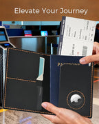 Passport Holder for Travel, Genuine Leather Passport Wallet Cover Case with Airtag Slot, RFID Blocking, for Women Men, Travel Essentials Gift, Black