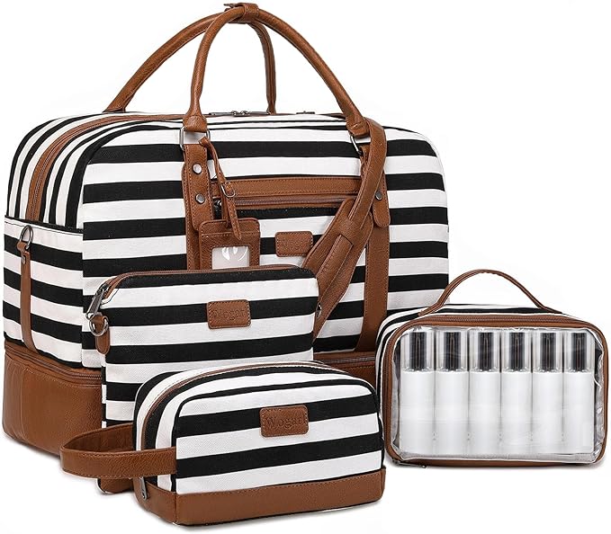 Wogarl 4PCS Weekender Bags for Women Large Overnight Weekend Travel Duffel Carry on Shoulder with Shoe Compartment Canvas Toiletry Bag for Travel Business Gym