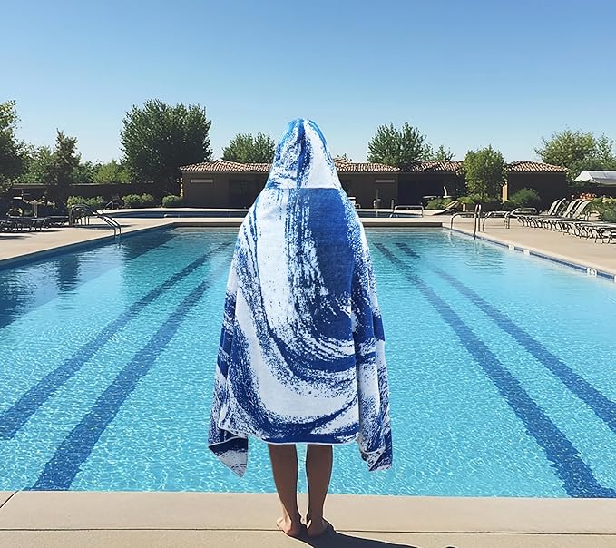 COTTON CRAFT Hooded Beach Towel – Oversized 35 x 70 Towel with Hood for Adults - Summer Wave - 100% Cotton Velour Terry Jacquard Towel - Pool Bath Wrap - 450 GSM - Soft Absorbent Quick Dry – Blue