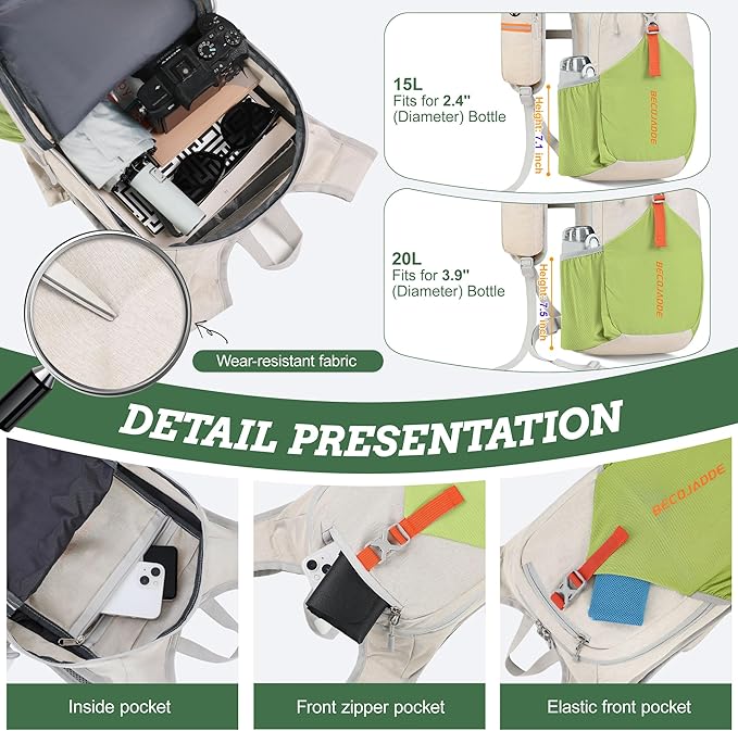 BECOJADDE 20L Small Hiking Backpack for Men Women Foldable Packable Back Pack Ultralight Hiking Daypack for Travel Camping Outdoor, Beige Green