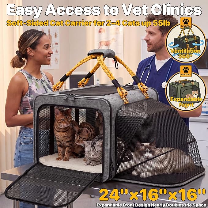 PAWZIDEA Expandable Large Pet Carrier, 24"×16"×16" Soft-Sided Cat Carrier for 2–4 Cats up 55lb, Portable & Collapsible Small Medium Dog Travel Crate for Car, XL Storage Pocket, ID Card, Shoulder Strap