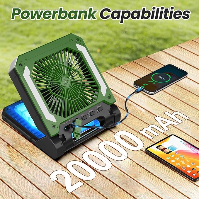 20000mAh Portable Fan Rechargeable with Solar Panel 2-in-1, 3 Speeds Cordless Battery Powered Fan with Led Lantern,Timer, Quiet USB-C Table Fan for Travel Tent Hurricane Office Home Bedroom(Green)