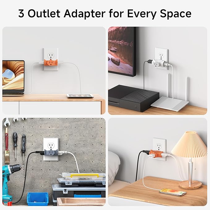 [ETL Listed] Cable Matters 3-Pack 3 Way Plug Adapter 15A 1875W, 3 Prong 3 Outlet Adapter, Power Splitter Plug Outlet, 3 Way Electrical Splitter, Multicolored (White, Gray, Orange)