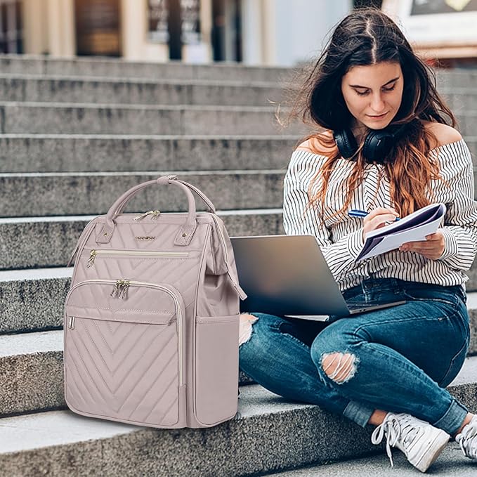 VANKEAN 17 Inch Laptop Backpack for Women Fashion Computer Work Bag, Large Capacity Waterproof Backpack, College Daypack Business Travel Backpack, Light Dusty Pink