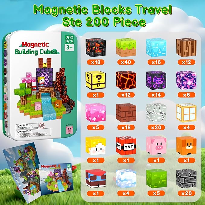 Magnetic Blocks Travel Magnetic Building Blocks Cubes - 200 PCS Tin Box Magnet Toys Set STEM Educational for Kids Ages 3 4 5 6 7 8 9 10 11 12 Year Old Boys Girls Gifts Birthday Christmas
