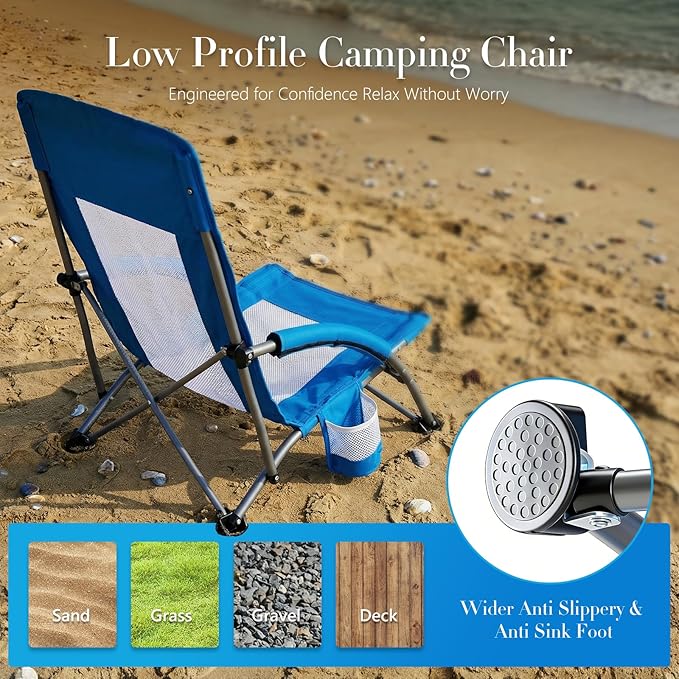 DUMOS Low Beach Chair for Adults, Lightweight Folding Beach Chair with Cup Holder, Storage Bag, Breeze Mesh Back, Padded Armrests, Compact Low Profile Chair for Camp, Picnic, Lawn, Sand