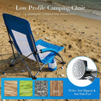 DUMOS Low Beach Chair for Adults, Lightweight Folding Beach Chair with Cup Holder, Storage Bag, Breeze Mesh Back, Padded Armrests, Compact Low Profile Chair for Camp, Picnic, Lawn, Sand