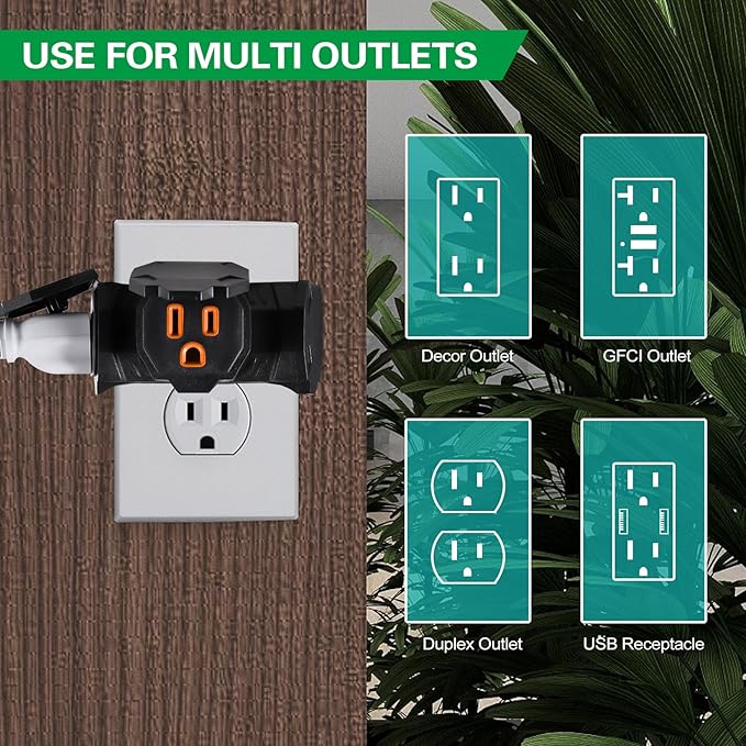 3 Outlet Indoor Outdoor Wall Adapter, ETL Listed 3-Prong Grounded Outlet Splitter, Weatherproof Heavy Duty Multi Outlet Power Plug Extender with Protective Cover, Black (Orange, 2 Pack)