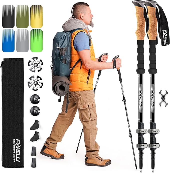 Foxelli Trekking Poles – Lightweight Collapsible Aircraft Grade Aluminum Hiking Poles with Cork Grips Quick Locks & All-Terrain Accessories – Pair of 2