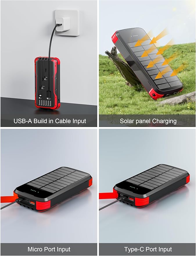 MINRISE Solar Charger Power Bank, 40000mAh Portable Charger PD 20W Fast Charging Solar Power Bank Built in 4 Cables and USB-C in/Output, Camping Essentials External Battery Pack with Flashlights