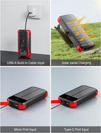 MINRISE Solar Charger Power Bank, 40000mAh Portable Charger PD 20W Fast Charging Solar Power Bank Built in 4 Cables and USB-C in/Output, Camping Essentials External Battery Pack with Flashlights