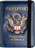 TOURSUIT RFID Blocking Passport Holder for Women Men, Leather Passport Travel Wallet with 3D Metal Badge, Travel Document Holder Cover Accessories (Dark Blue)