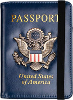 TOURSUIT RFID Blocking Passport Holder for Women Men, Leather Passport Travel Wallet with 3D Metal Badge, Travel Document Holder Cover Accessories (Dark Blue)