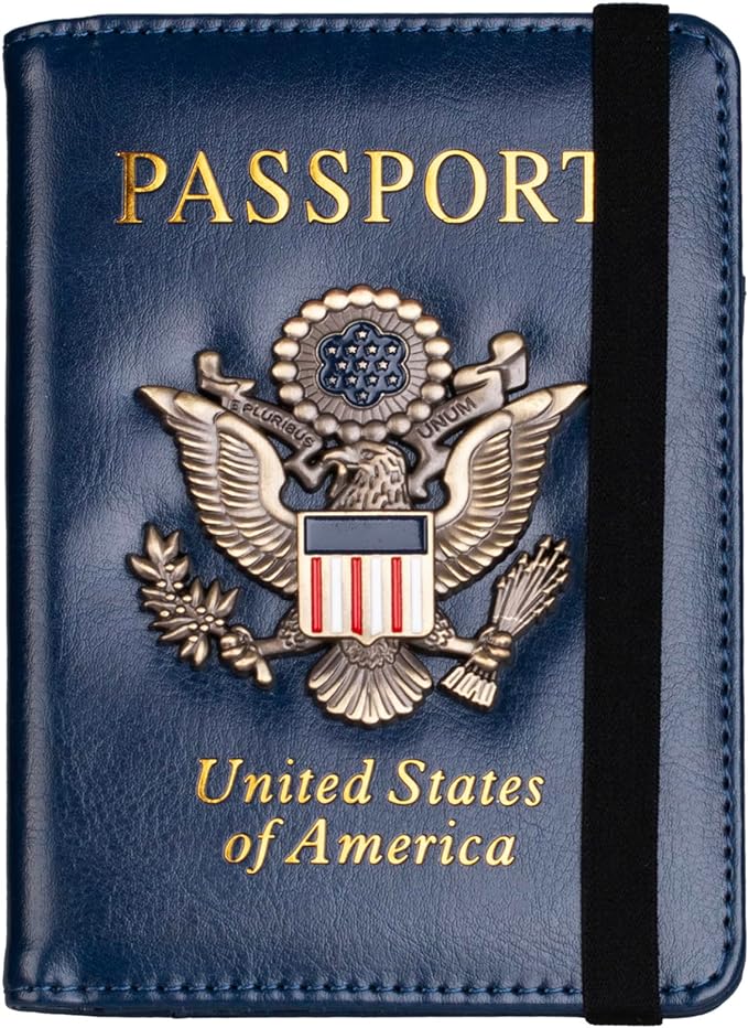 TOURSUIT RFID Blocking Passport Holder for Women Men, Leather Passport Travel Wallet with 3D Metal Badge, Travel Document Holder Cover Accessories (Dark Blue)