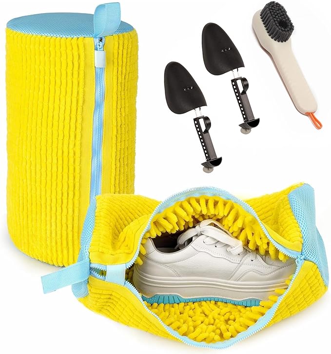 Shoe Washing Machine Bag for Washer & Dryer, Mesh Laundry Shoe Bag with Brush & Shoe Trees, Sneaker Cleaning Bag, Reusable Shoe Cleaner, Fits Up to Size 13