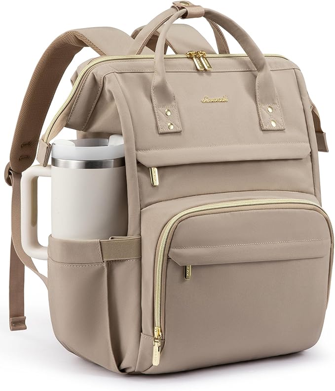 LOVEVOOK Laptop Backpack for Women with Giant Tumbler Holder Pocket,15.6 inch Waterproof Travel Backpack Purse Computer Laptop Bag,Large Professional Work College Nurse Teacher Backpack,Beige Apricot