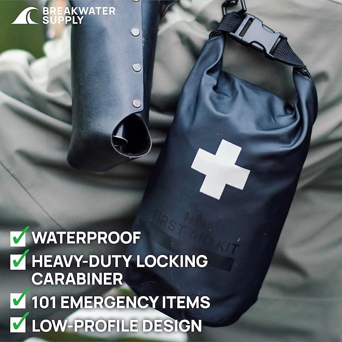 Breakwater Supply™ Waterproof First Aid Kit Dry Bag Bug Out Bag Preloaded with Emergency Survival Prepper Supplies for Boating, Camping, Fishing + Carabiner, Floating, Reflective, AFAK/IFAK Trauma Kit