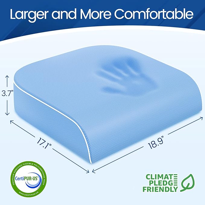 SweetSlubr Seat Cushion for Tailbone Pain Relief, Office Chair Cushion, Memory Foam Large Chair Cushion with Non-Slip Cover for Soft Support at Office Chair, Car Seat, Airplane Light Blue/2X-Large