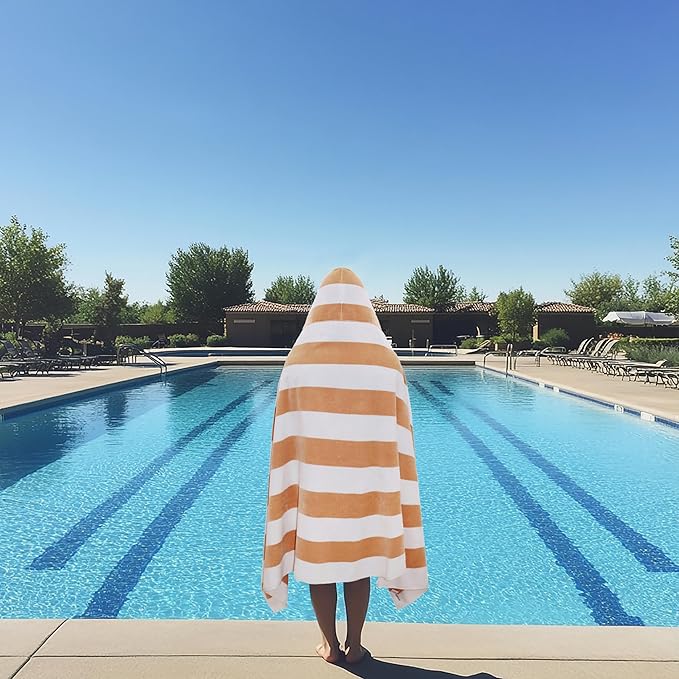 COTTON CRAFT Hooded Beach Towel – Oversized 35 x 70 Towel with Hood for Adults - 100% Cotton Velour Dobby Terry Towel - 450 GSM Pool Bath Wrap - Soft Absorbent Quick Dry – Cabana Stripe Linen