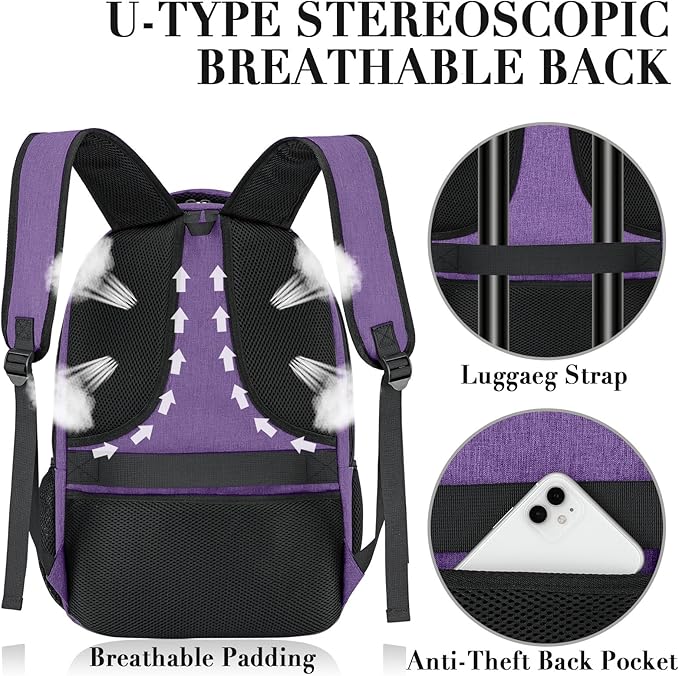 BIKROD Backpack for Women and Men, Extra Large School Backpacks for Teens, Water Resistant Back Pack Fits 17 Inch Laptop, Business Anti Theft Sturdy Computer Bag Gifts, Purple