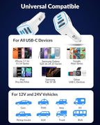 iPhone 17e 17 16 15 Pro Max Car Charger Fast Charging, 90W 4-Port USB C Car Charger 12-24V Cigarette Lighter Adapter with 3FT USB C Cable for iPhone 17/17 Pro Max/17e/16/16 Pro Max/15 Pro/Plus, iPad